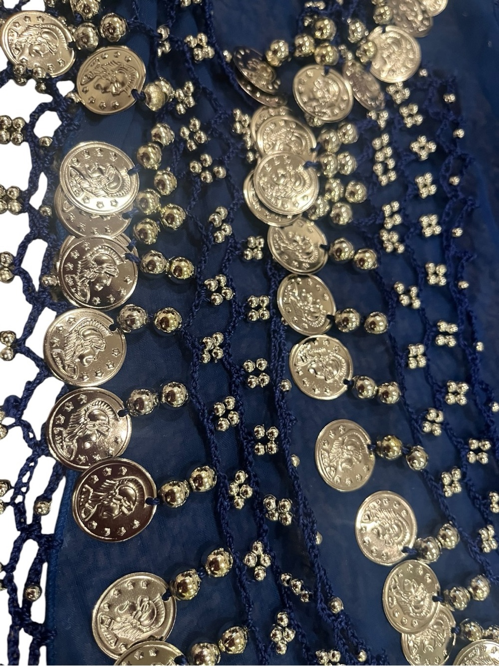 Navy Blue Coin Fringe Belly Dance Hip Scarf - Picture 4 of 6